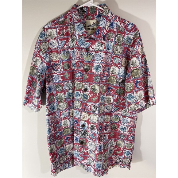 KAHALA Men’s Hawaiian 100% Cotton Shirt Reverse Print Red White Blue XL - Picture 1 of 5
